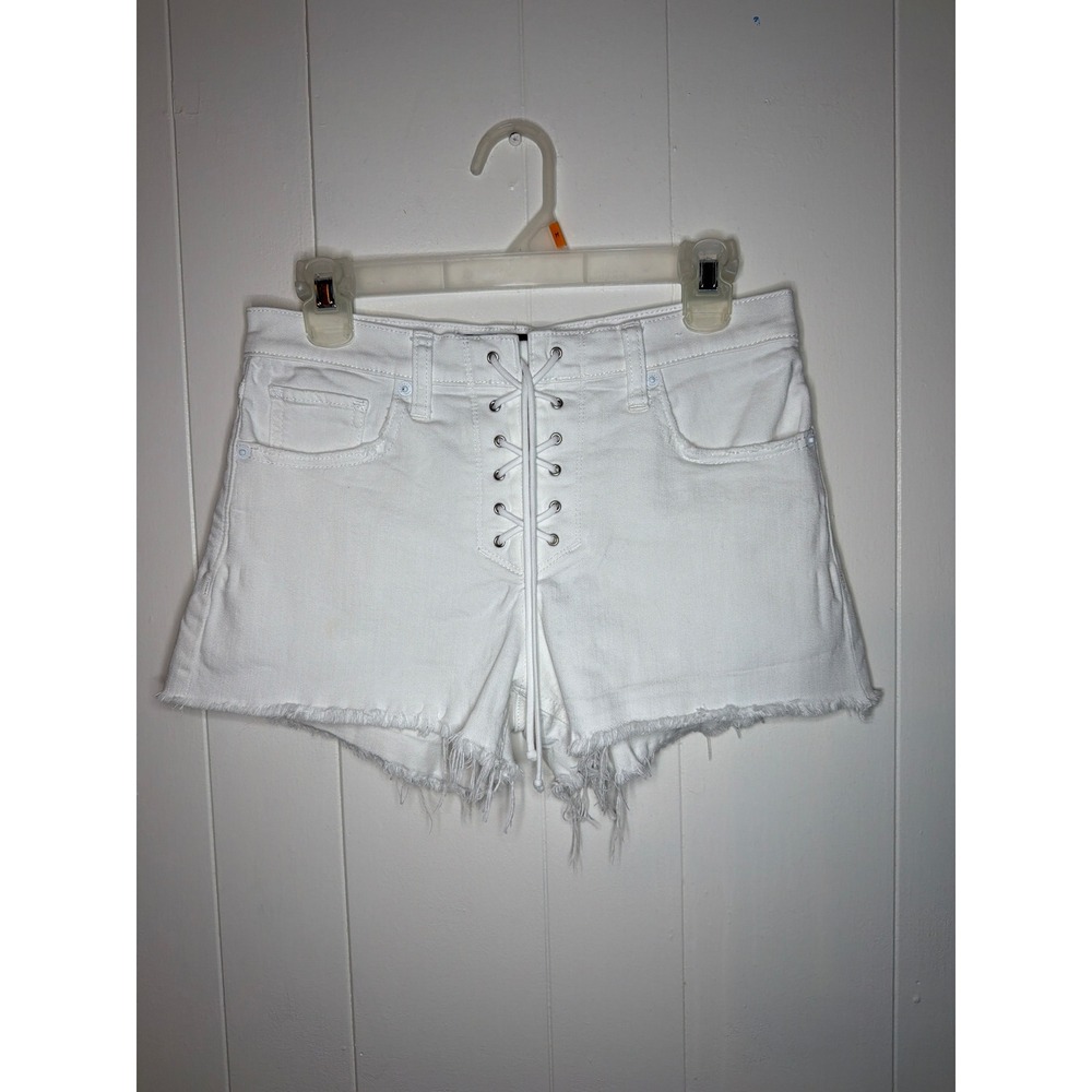 Express White Lace Up Front Denim Shorts Raw Hem Mid-Rise Vintage Women Size 2